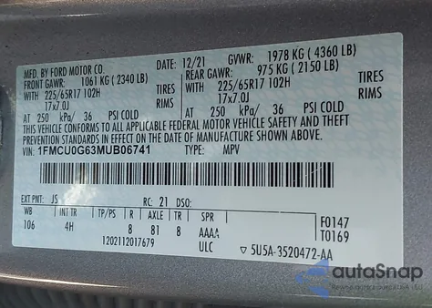 2021 Ford Escape Se z USA, uszkodzony, nr VIN 1FMCU0G63MUB06741